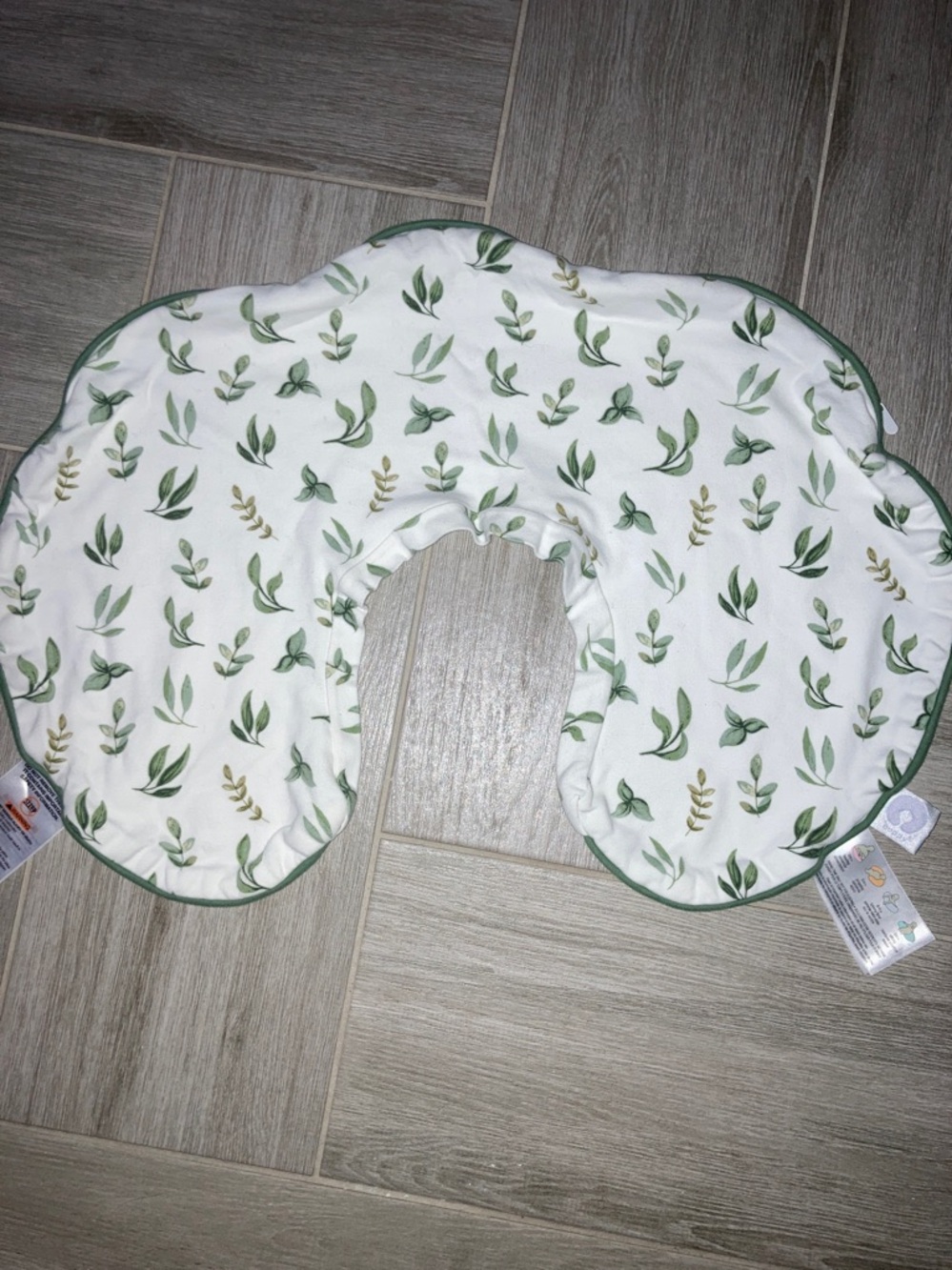 Boppy White Nursing Pillow Cover with Green Leaf Pattern and Green Trim - Picture 2 of 7